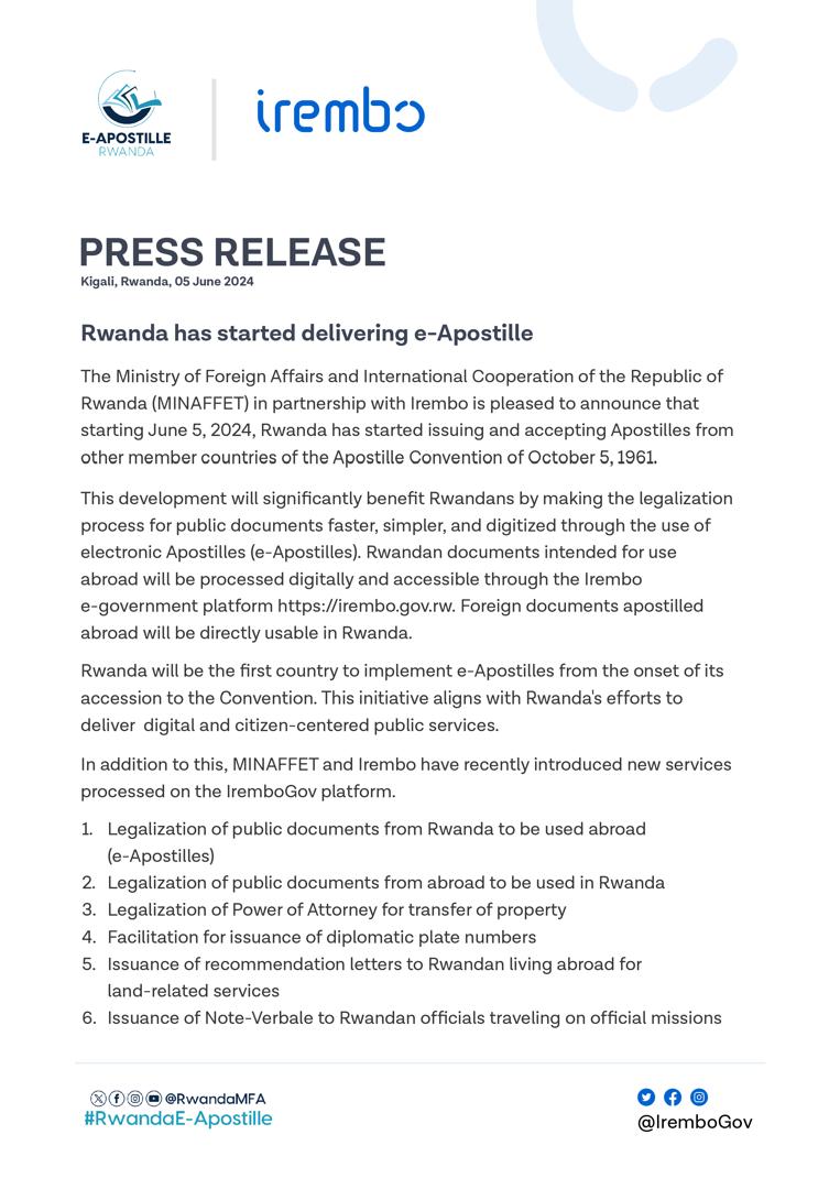 Rwanda starts delivering e-Apostille.

#RwandaE-Apostille