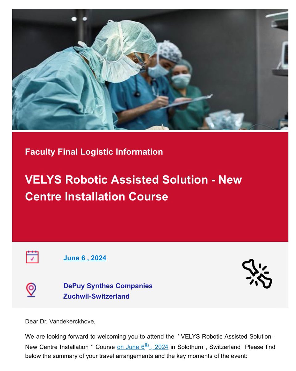 DrPJVDK's tweet photo. Off to Swiss 🇨🇭@DePuySynthes, teaching the #Velys Robotic Knee system.
#totalkneereplacement
#robotics https://t.co/mRrxr2AHnn