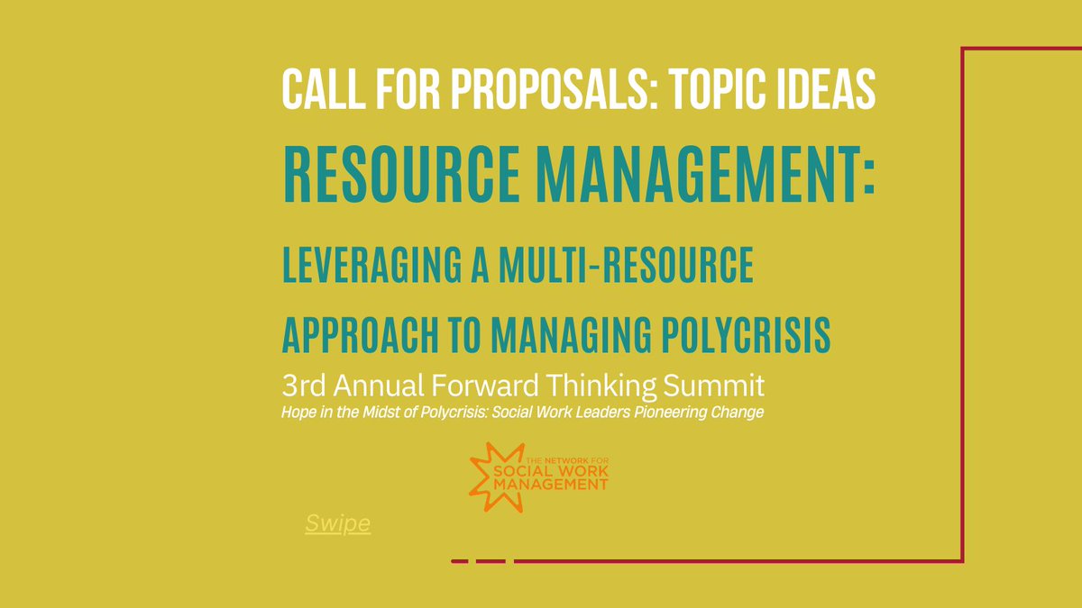 TheNSWM's tweet image. Calling all change-makers! We&apos;re seeking proposals for the 3rd Forward Thinking Summit to showcase transformative practices that address intersecting, multi-system crises. Scroll for ideas! Abstracts due June 30th: bit.ly/3whfs4d
#CallForProposals #MacroSocialWork