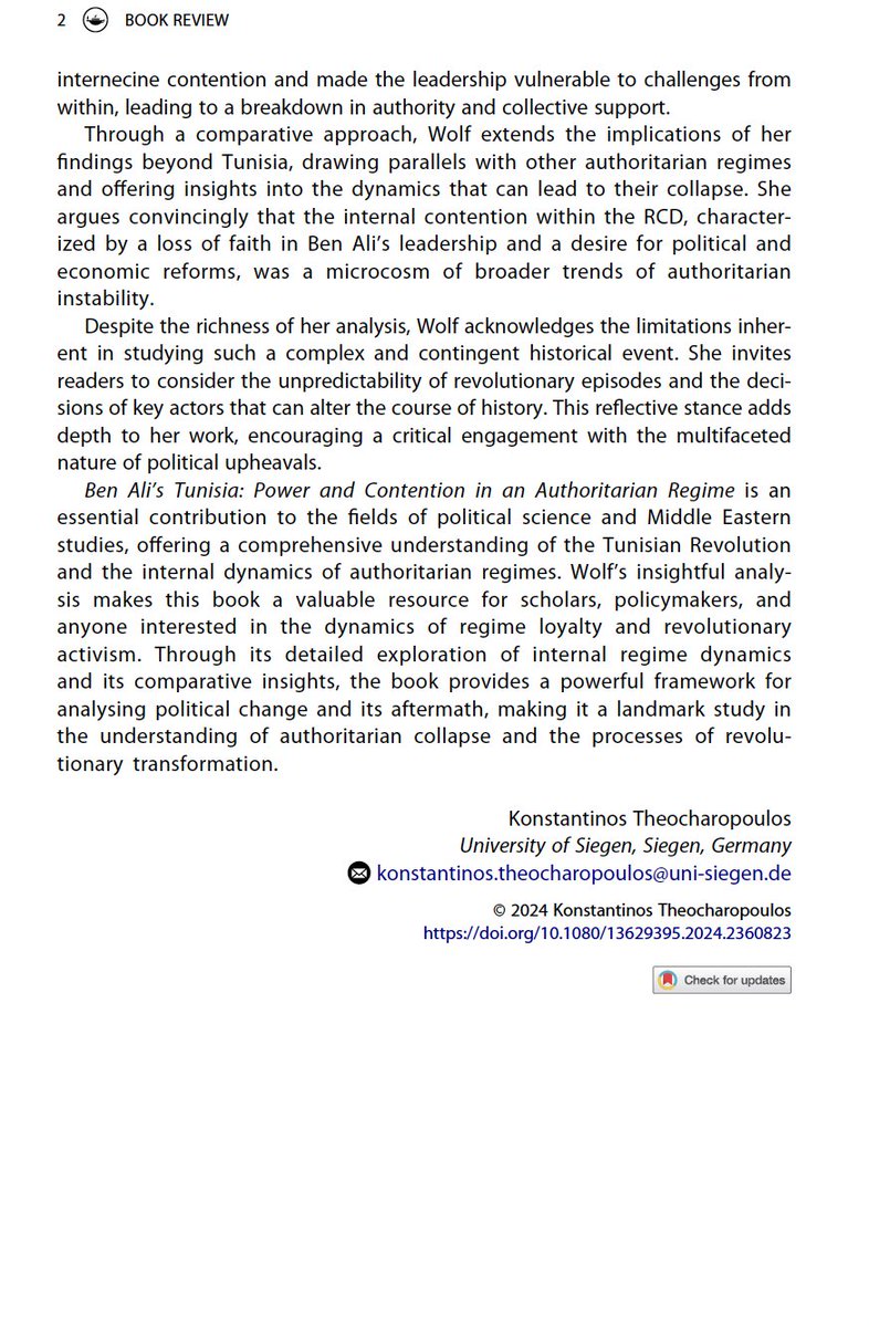 New review of my book on Tunisia's Ben Ali regime. Thanks to Konstantinos Theocharopoulos for taking the time to read and review my book, which focuses on contention within Ben Ali's ruling party, the Constitutional Democratic Rally (RCD). 👇👇
tandfonline.com/doi/pdf/10.108…