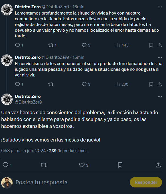 AGFjuristagamer's tweet photo. Lamentan esta situación que se ha hecho pública. 

No lamentan especular subiendo el precio de material sellado de 60 a 100 euros por "demanda" aka enriqucerse a costa del jugador.

Me alegro que el chaval haya conseguido el deck a precio justo, pero poca lección aprendida. https://t.co/roKQ9OoeXf