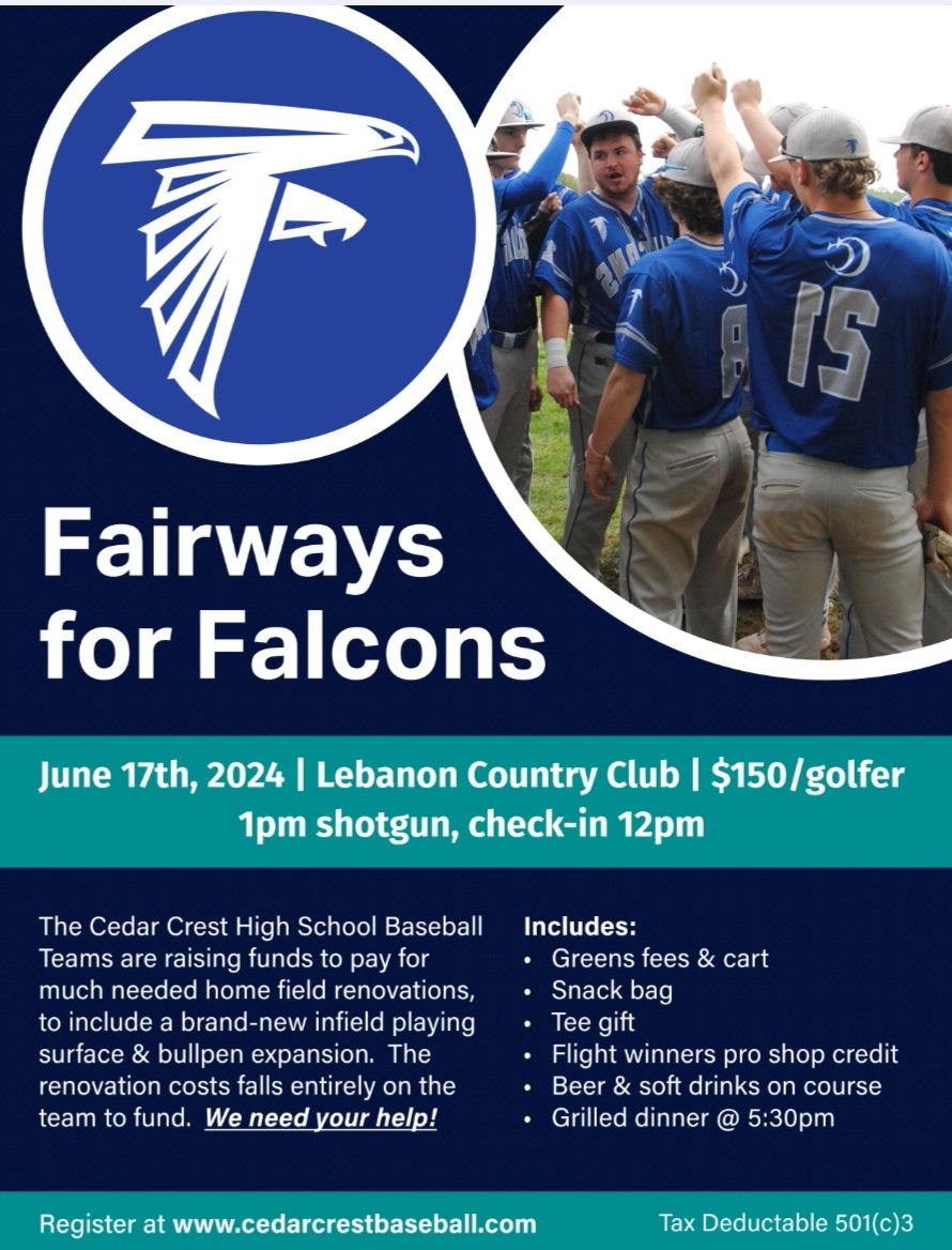 crestbaseball's tweet photo. Come Join us June 17 - at the Lebanon Country Club - for our 1st annual Fairways for Falcons golf tournament ⛳️⚾️

All proceeds will go towards our new field renovation project this fall 🙌

https://t.co/z7NtZqC293 https://t.co/IIUEwqYyTf