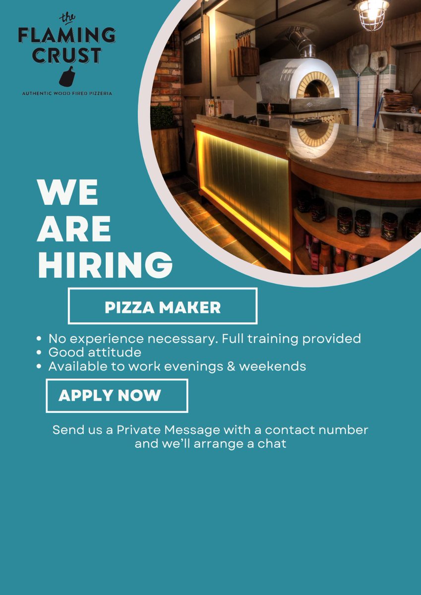 flamingcrust's tweet photo. Know anyone who would like to make pizzas? 🍕 

We are looking for a pizza maker to join the team.

No experience necessary. Full training provided.
Age 16+

Send us a message with a contact number and we’ll be in touch. https://t.co/eX0btpB7dn