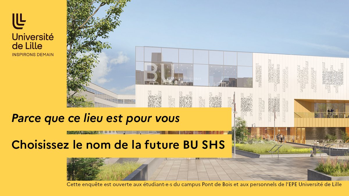Etudiant·e à Pont de Bois ?
Participez au choix du nom de la future #BUSHS
✅Cliquez sur le lien personnalisé reçu sur votre messagerie #ULille, classez les 4 propositions et votez !
🗓Fin du vote : 14 juin 2024
👉Plus d'infos : future-bushs.univ-lille.fr