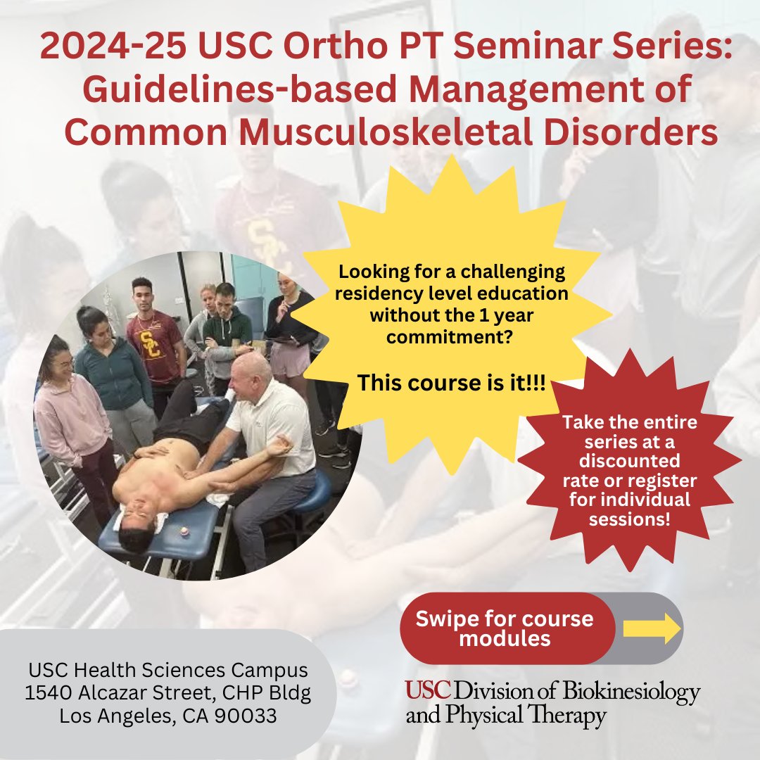 USCPTConEd's tweet photo. 2024-25 USC Ortho PT Seminar Series: Guidelines-based Management of Common Musculoskeletal Disorders

Register for the full seminar series or for individual sessions for flexibility to participate.
RSVP Link: https://t.co/lt3TsEHjT8 https://t.co/429MZSc3uo
