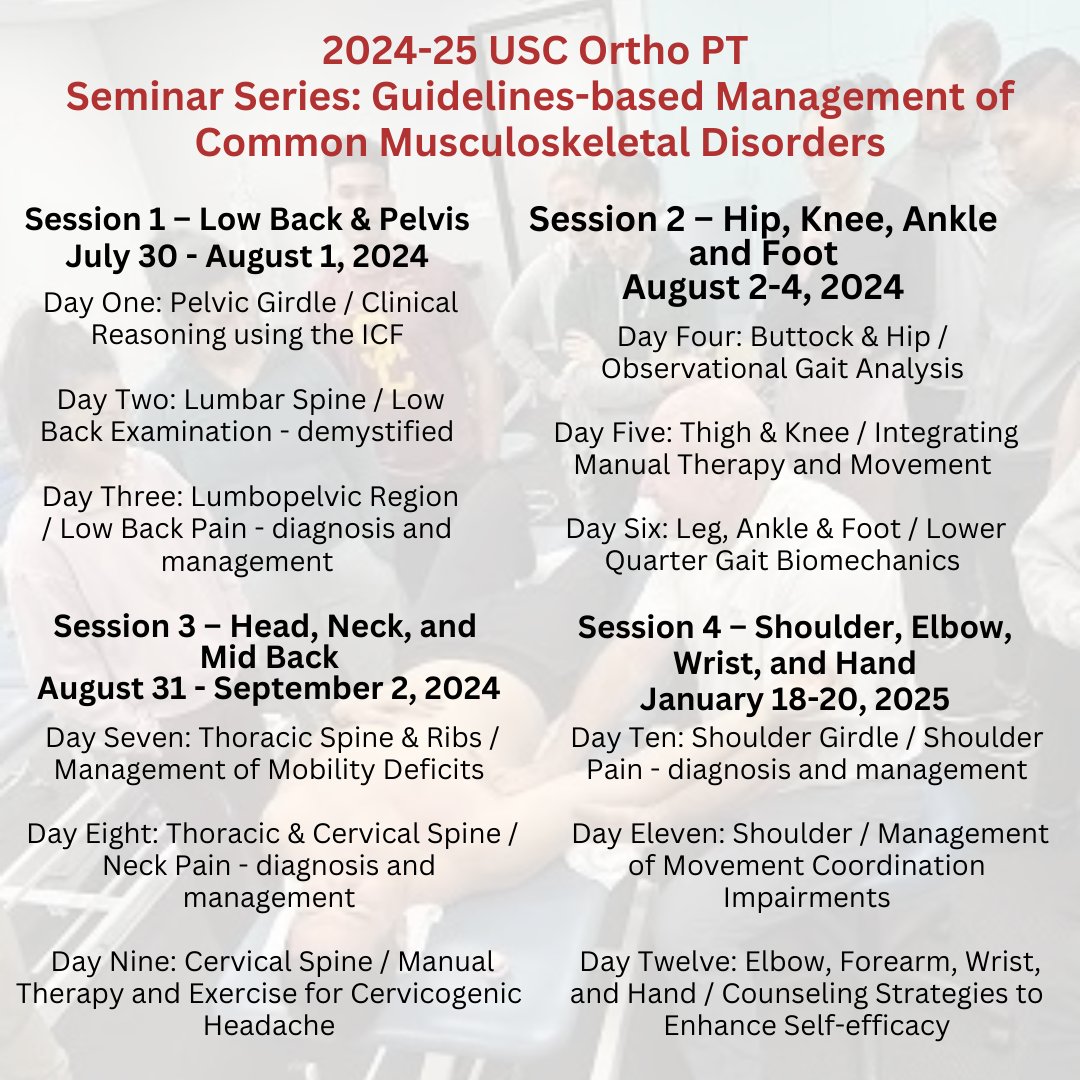 2024-25 USC Ortho PT Seminar Series: Guidelines-based Management of Common Musculoskeletal Disorders

Register for the full seminar series or for individual sessions for flexibility to participate.
RSVP Link: cvent.me/x1z1mn