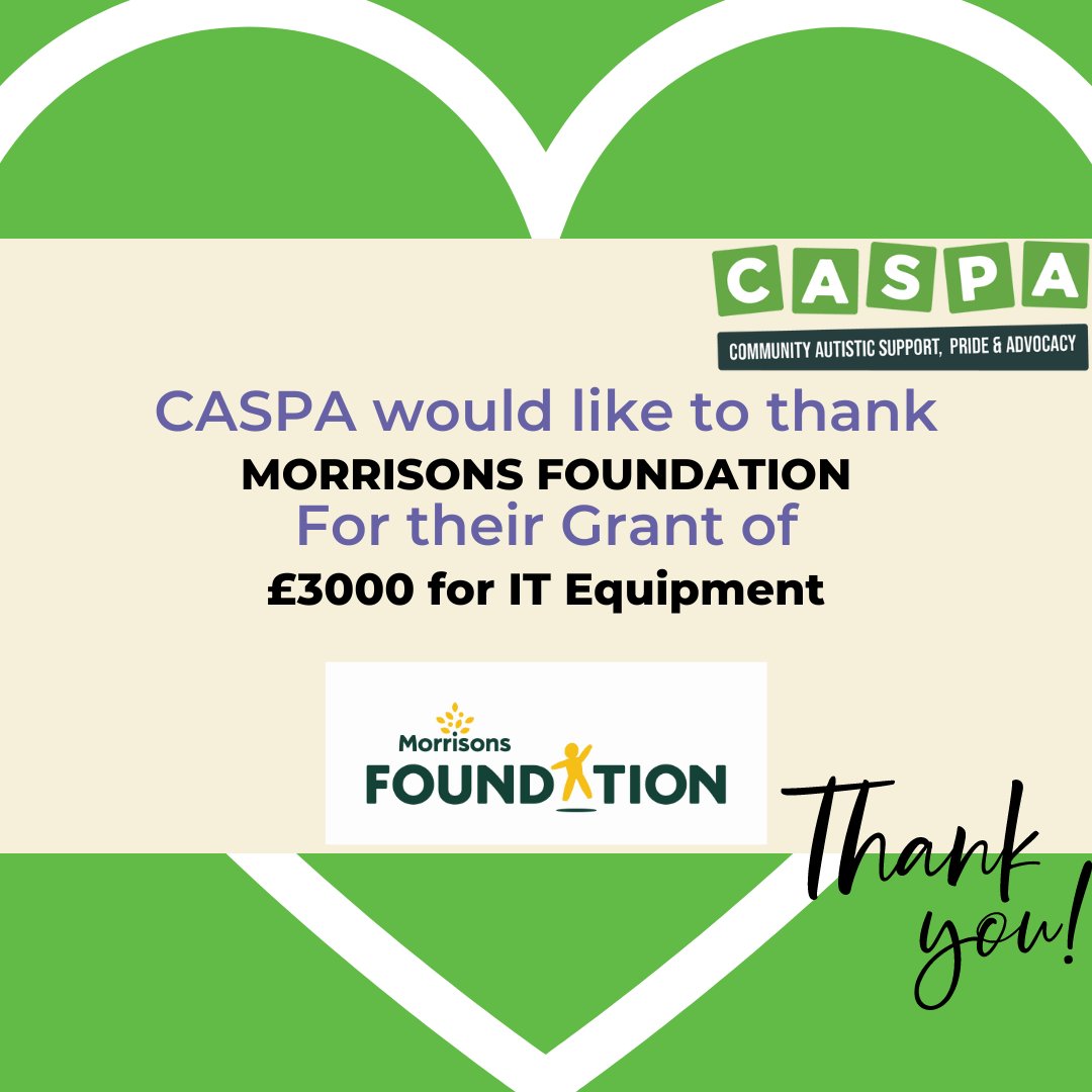 CASPA (@caspa_online) on Twitter photo Thank you to <a href="/MorriFoundation/">Morrisons Foundation</a> for their Grant of £3000 for IT Equipment.
#CASPA #Charity #AutismAcceptance #Fundraising #Grant #Trust #donation Thank you to <a href="/MorriFoundation/">Morrisons Foundation</a> for their Grant of £3000 for IT Equipment.
#CASPA #Charity #AutismAcceptance #Fundraising #Grant #Trust #donation