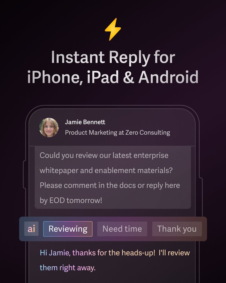 SuperhumanMail's tweet photo. [1/3] New: Instant Reply for iPhone, iPad &amp; Android! ⚡

Imagine waking up to an inbox where every email has a draft reply.

You would simply edit, then send. Sometimes, you wouldn’t even edit! https://t.co/W1aDZqbie6