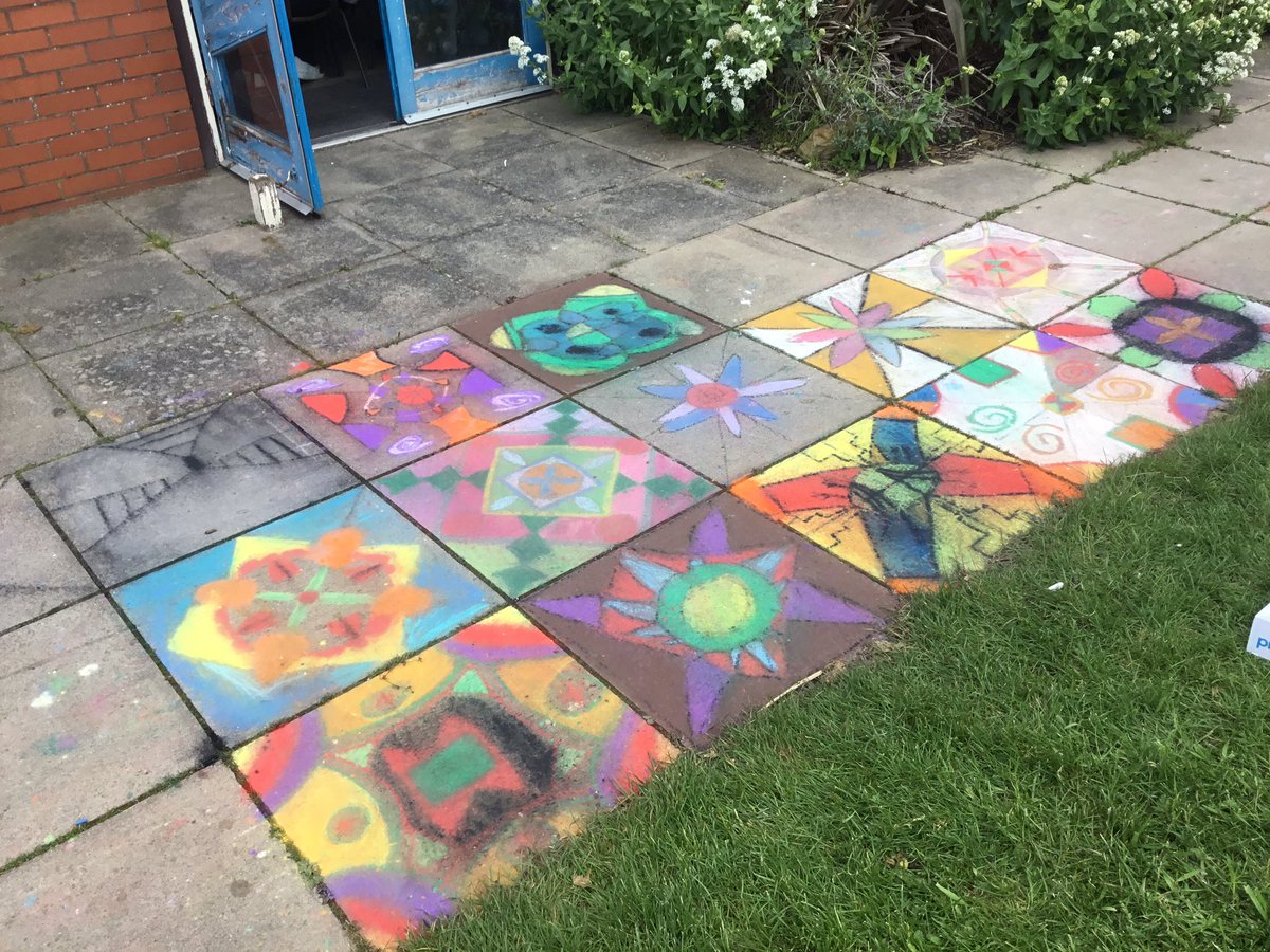 year6Hunmanby's tweet photo. Loving art week. We transferred our Rangoli designs onto the paving slabs outside the classroom today while our paper mache butterflies dried, ready for painting tomorrow. Pics to follow. https://t.co/qkBEVAiqP1