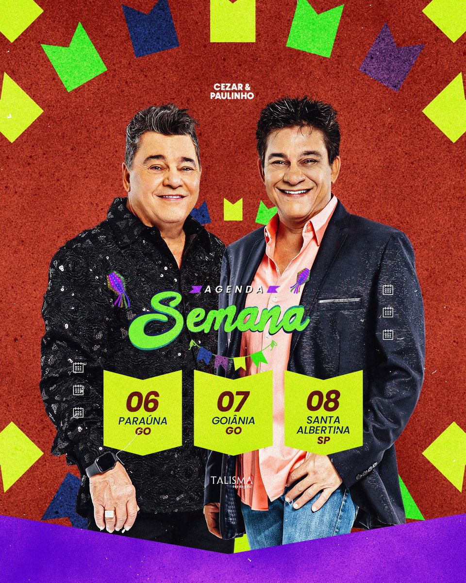 cepdupla's tweet photo. AGENDA DA SEMANA🗓️ 

06 - PARAÚNA|GO📍

07 - GOIÂNIA|GO📍

08 - SANTA ALBERTINA|SP📍
.
.
.
#Agenda #CezarePaulinho #Shows https://t.co/2wATHWGpMF