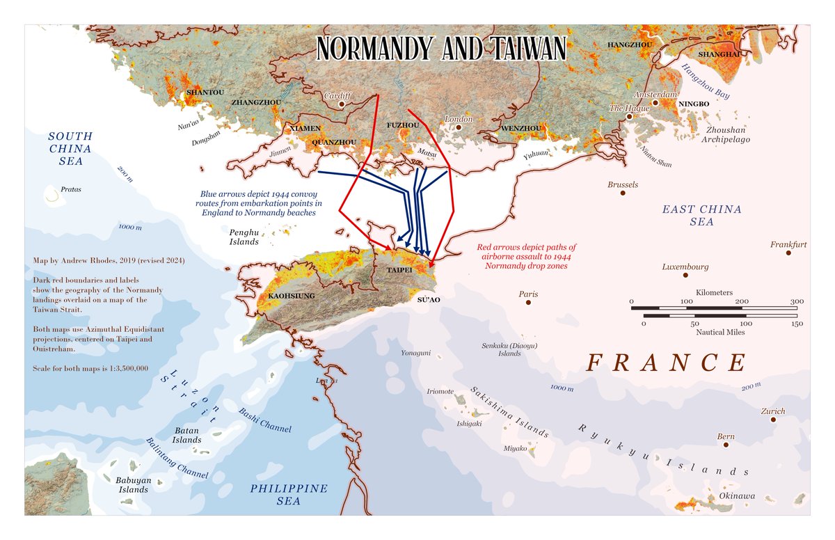 RhodesMaps's tweet photo. In honor of the 80th anniversary of the Normandy landings, I dusted off this map from five years ago. Made a few improvements to the topography and urban area layers, as well as tweaking some labels. #DDay80 https://t.co/tNcKa7I5hu