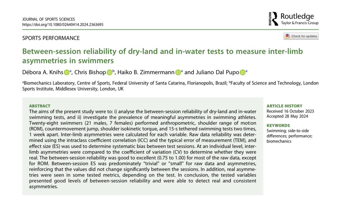 DrChrisBishop's tweet photo. 📄 New manuscript out today in @JSportsSci from @deboraknihs PhD, looking at the between-session reliability of both in-water and dry-land tests for swimmers. 

🔗 50 free copies here: https://t.co/N589szkLSY. https://t.co/sgFDGhqjtS