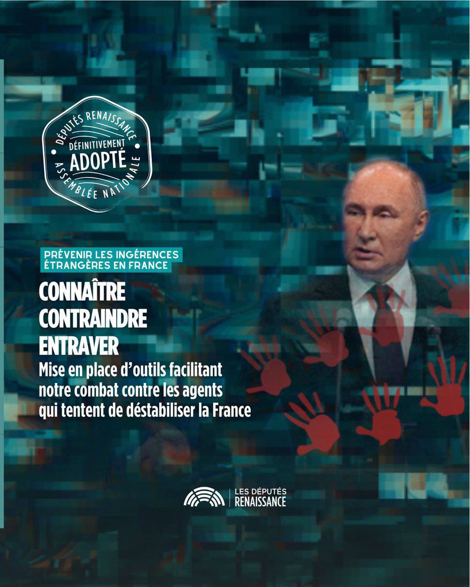Emmanuel Pellerin (@emmanuelpeller1) on Twitter photo Dans un contexte international animé par la montée du protectionnisme économique et le retour de la guerre en Europe, l’<a href="/AssembleeNat/">Assemblée nationale</a> adopte en lecture définitive la proposition de loi visant à prévenir les ingérences étrangères en France 🇫🇷 !
Portée parmes collègues Dans un contexte international animé par la montée du protectionnisme économique et le retour de la guerre en Europe, l’<a href="/AssembleeNat/">Assemblée nationale</a> adopte en lecture définitive la proposition de loi visant à prévenir les ingérences étrangères en France 🇫🇷 !
Portée parmes collègues