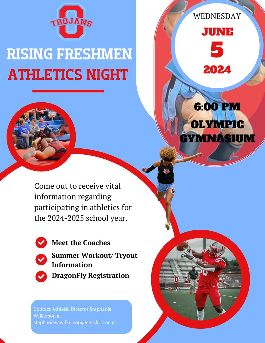 OlympicTrojans's tweet photo. COME OUT TONIGHT. DON’T BE LATE‼️
Rising Freshmen Athletics Night‼️
-Meet the Coaches
-Learn important HS Eligibility info
-Receive Summer Workout info 
📅: June 5
⏰: 6:00 pm
📍: Olympic Gymnasium 
#thetakeOver #MadeofSteele #WeTheSouthside🅾️ https://t.co/CKyRi6RuSt