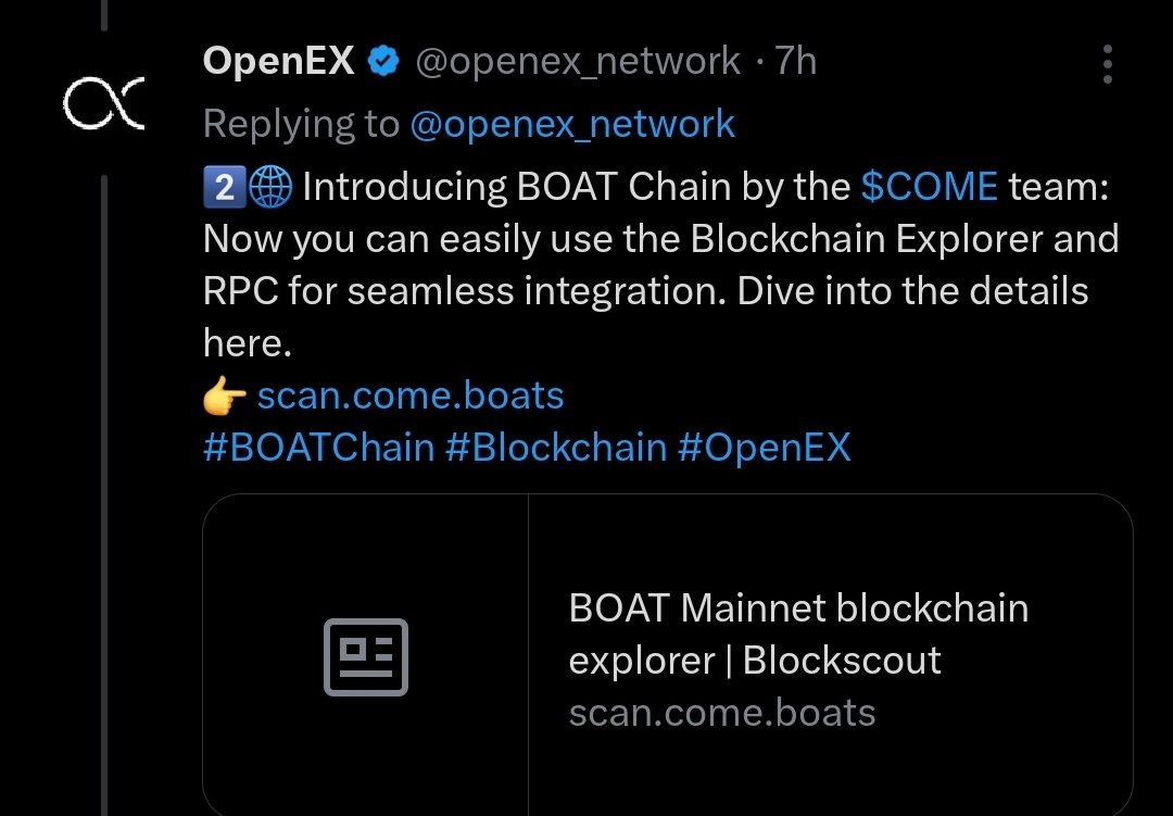 vincyiknews's tweet photo. ♾️openEx community let's get acquainted with this #Boatchain as it will play a huge role with the listing of our #oex token.
Watch out for $BOAT (Best Of All Time).
#blockchain https://t.co/wCZBRXWhGh