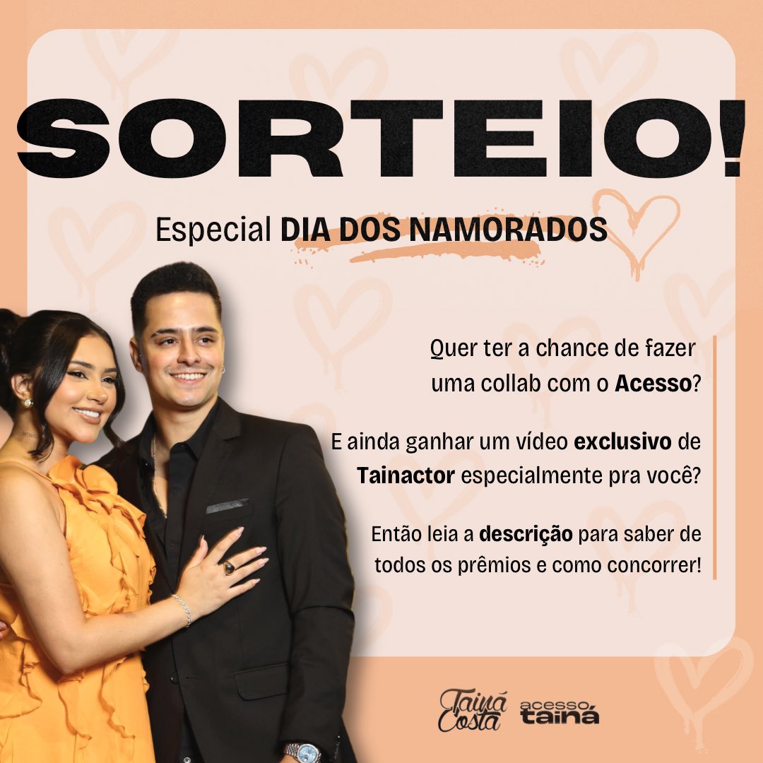 AcessoTaina's tweet photo. Tá rolando um sorteio do dia do namorados muito especial lá no Instagram 👀

São VÁRIOS prêmios, além dos já descritos na arte!! 

Quer saber como participar? CORRE já pro Instagram que lá vai estar explicando todas as regras! 

Boa sorte a todos! 💝👩🏻‍❤️‍💋‍👨🏻 https://t.co/18UiCZbKyu