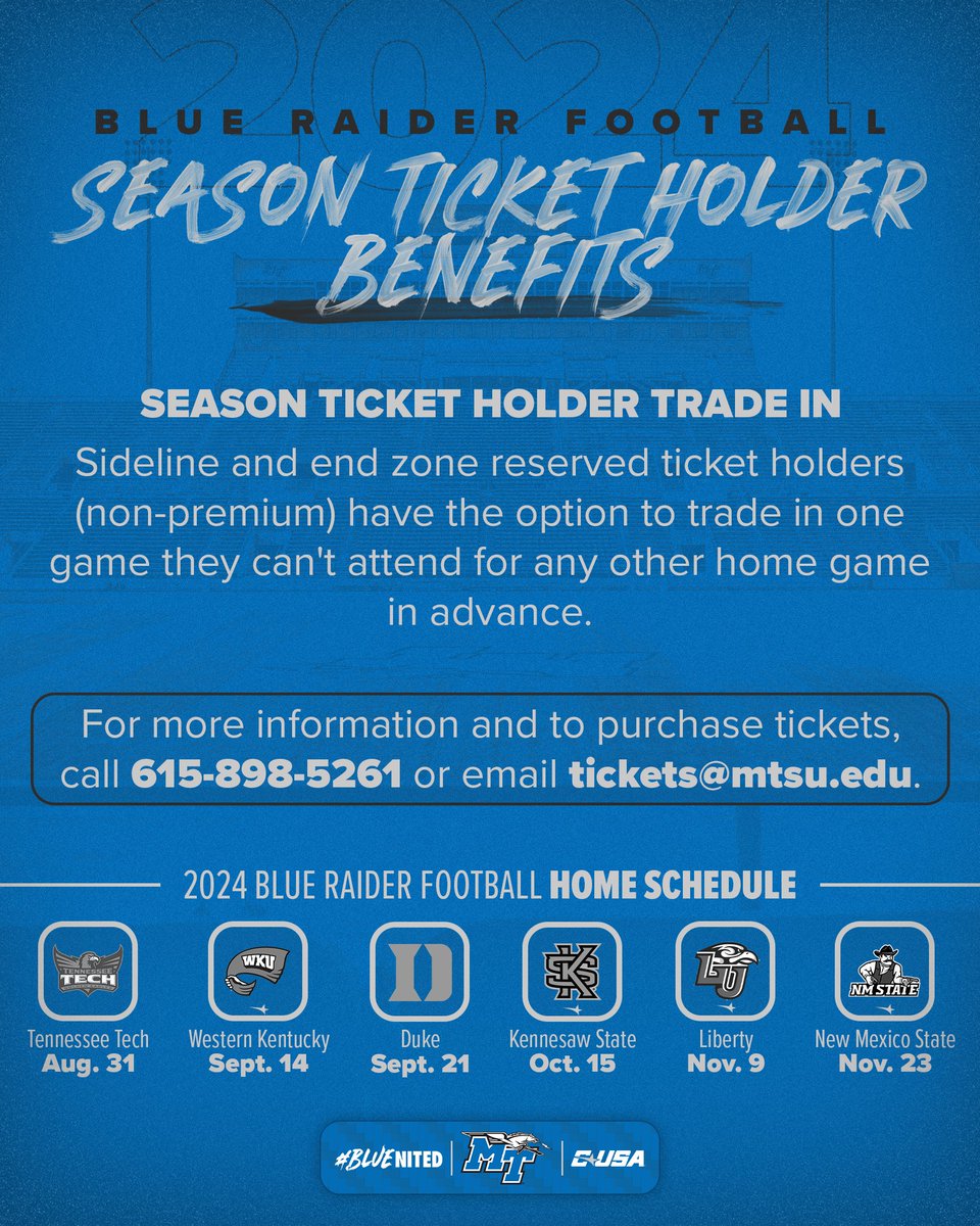 Get to know all of the benefits of being a <a href="/MT_FB/">Middle Tennessee Football</a> season ticket holder, including our season ticket holder trade in option.

We'll see you in Floyd Stadium in the fall! 🏈

📰 Details: bit.ly/4bqVvHR
🎟️ bit.ly/3SlSZKe