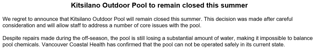 marshalederman's tweet photo. Rotten news: @CityofVancouver announces that Kits Pool will be closed all summer. https://t.co/U6v3jfEkV6