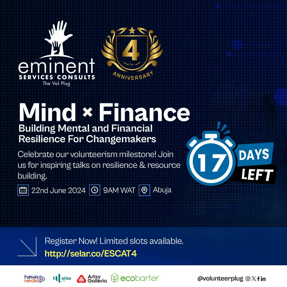 volunteerplug's tweet photo. 17 days to go!!!
Live in Abuja
4 years of Impact!!
Mind and Finance! This is a once in a lifetime event! Don't miss it!
Send us a DM to register or visit link in bio for more!
Remember we are your only Volunteer Plug!!
#ESCat4 #MindxFinance #thevolunteerplug https://t.co/G5zqRIYgcc