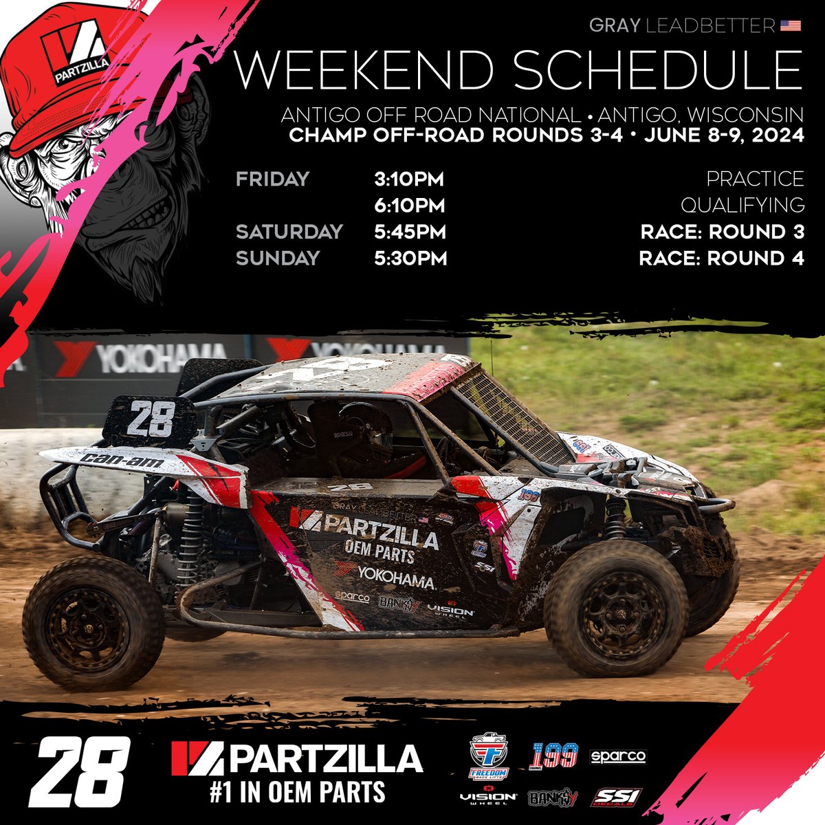 GrayLeadbetter's tweet image. Ready to get after it again in Antigo 🏁
Here's when you can see me on track in the @partzilla machine!
Tickets/schedule: champoffroad.com/antigo/
Stream live with @floracing: floracing.com/signup?redirec…
#partzilla #bestinparts