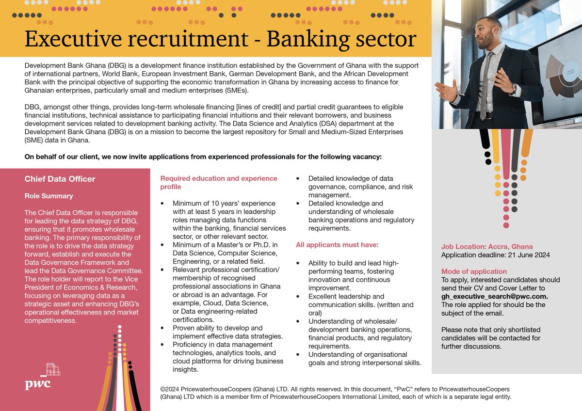 PwCGhana's tweet photo. Executive recruitment - Banking sector - Chief Data Officer 

Interested candidates should send their CV and Cover Letter to gh_executive_search@pwc.com. The role applied for should be the subject of the email.

Job Location: Accra, Ghana 
Application deadline: 21 June 2024 https://t.co/pj27TzIxjp