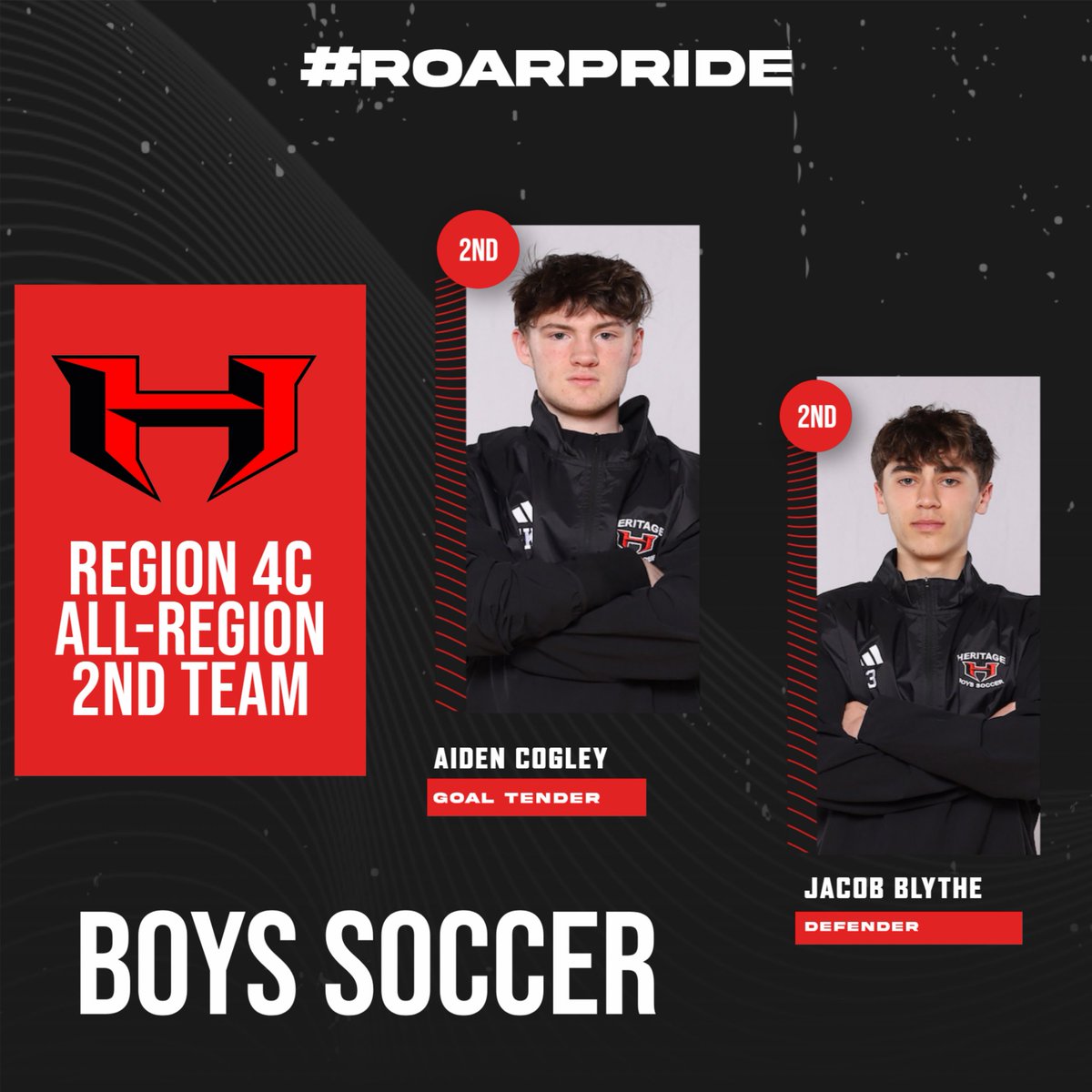 Congratulations to Aiden Cogley and Jacob Blythe on being selected to the Region 4C Boys Soccer All-Region 2nd Team.  Well deserved, boys!  ROAR PRIDE!!!