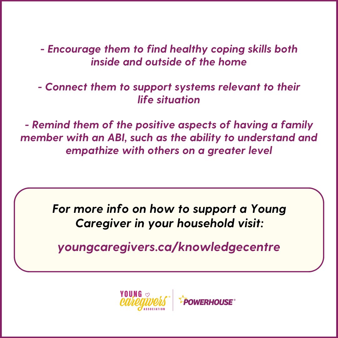 Young Caregivers Association (Powerhouse) (@yngcaregivers) on Twitter photo While there is no direct research on how many Young Caregivers support a loved one with an ABI. We do know that around 41% of identified YCs in Canada support someone with a disability and around 50% of YCs care for multiple family members and for multiple reasons. While there is no direct research on how many Young Caregivers support a loved one with an ABI. We do know that around 41% of identified YCs in Canada support someone with a disability and around 50% of YCs care for multiple family members and for multiple reasons.