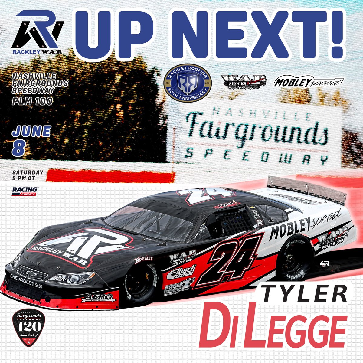 Rackley_WAR's tweet photo. Coming up SATURDAY! @RaceFairgrounds flips the switch on another full night of racing excitement at Music Cityโs historic 5/8-mile!
@dawsonsutton26 and #TylerDiLegge are set to wheel the #RackleyWAR and #MobleySpeed Nos. 26 and 24, respectively! Itโs gonna be fun! ๐๐ป ๐ https://t.co/eqPr94P3J0