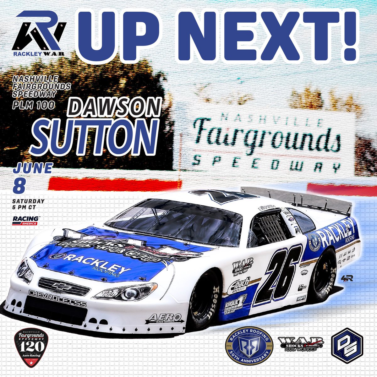 Rackley_WAR's tweet photo. Coming up SATURDAY! @RaceFairgrounds flips the switch on another full night of racing excitement at Music Cityโs historic 5/8-mile!
@dawsonsutton26 and #TylerDiLegge are set to wheel the #RackleyWAR and #MobleySpeed Nos. 26 and 24, respectively! Itโs gonna be fun! ๐๐ป ๐ https://t.co/eqPr94P3J0