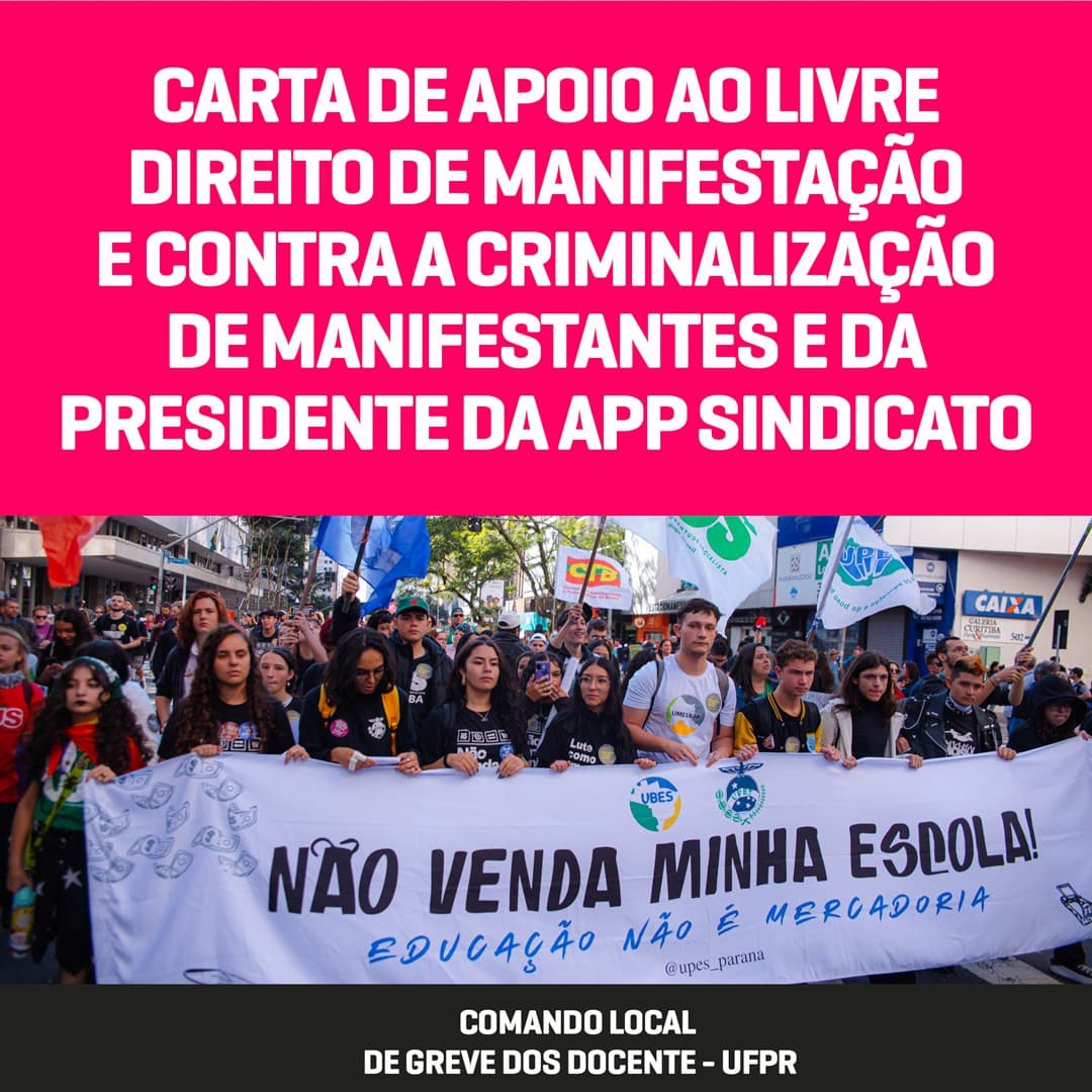 APUFPR's tweet photo. CARTA DE APOIO AO LIVRE DIREITO DE MANIFESTAÇÃO E CONTRA A CRIMINALIZAÇÃO DE MANIFESTANTES E DA PRESIDENTE DA APP SINDICATO.

Saiba mais  em nosso site: https://t.co/V6gepfJs4B https://t.co/puXOf9zM3l