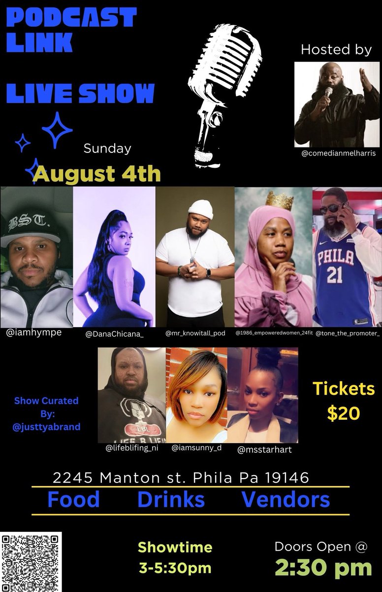 iamhympe's tweet photo. Podcast Link LIVE SHOW!!!!
Get ya tickets now!!!!!!!!! Hit the link in my bio. Featuring @iamSunny_D
#podcastlink #podlink #liveshow #podcast #phillysupportphilly #Ugottabethere #philadelphiapodcast https://t.co/eaamaEgcca