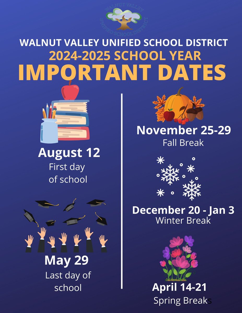 WVUSD_Tweet's tweet photo. Round up of important dates for the 2024-2025 school year. View complete calendar at: https://t.co/DCbuVzVTiz. #KidsFirst https://t.co/QCFp4w0utZ