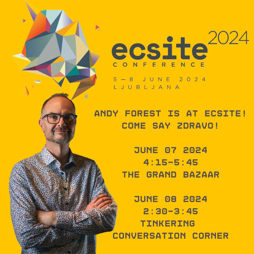 #AndyForest is <a href="/Ecsite/">Ecsite</a>'s #Excite2024! Engage in a hands-on, interactive puppet crafting and theatre experience at our workshop table! Where to find Andy?

The Grand Bazaar
June 07, 2024
4:15 pm – 5:45 pm

Tinkering Conversation Corner
June 08, 2024
2:30 pm – 3:45 pm