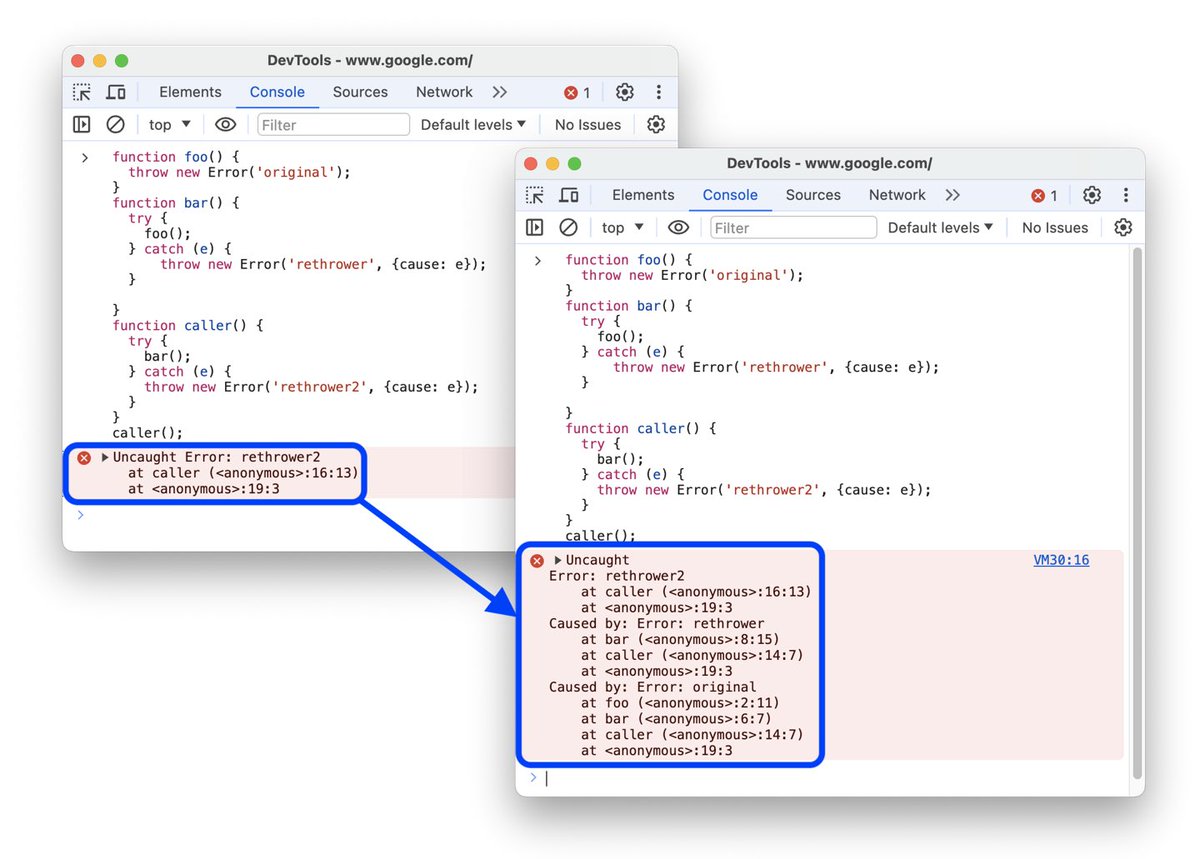 addyosmani's tweet photo. Tip: The @ChromeDevTools now shows you chains of error causes in the stack trace.

To make debugging easier, in the latest DevTools you can specify error causes when catching and rethrowing errors. 

The "cause" data property of an Error instance indicates the specific original cause of the error. It is used when catching and re-throwing an error with a more-specific or useful error message.

As the Console walks up the cause chain, it prints each error stack with a "Caused by": prefix, so you can still see the original error.

Learn more about error causes on MDN: https://t.co/FrjdXHgXNf

Check out more in our "Whats new in DevTools" series: https://t.co/wgxwBW87sI