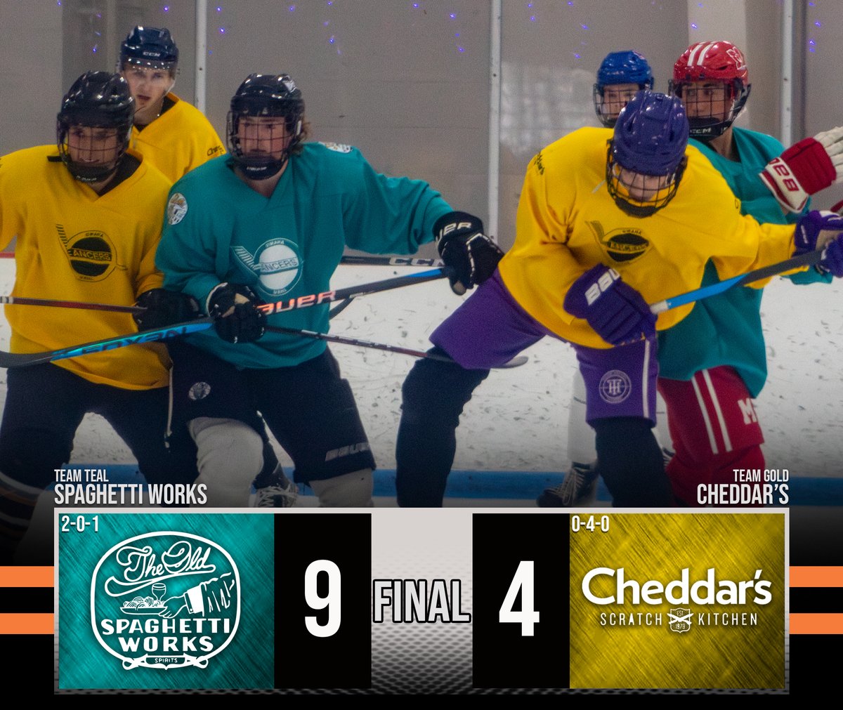 OmahaLancers's tweet photo. Spaghetti Works - Team Teal drops nine goals against Cheddar's - Team Gold to advance to fourth place in the camp standings! ⚔️🔥 https://t.co/o1Nghe529n