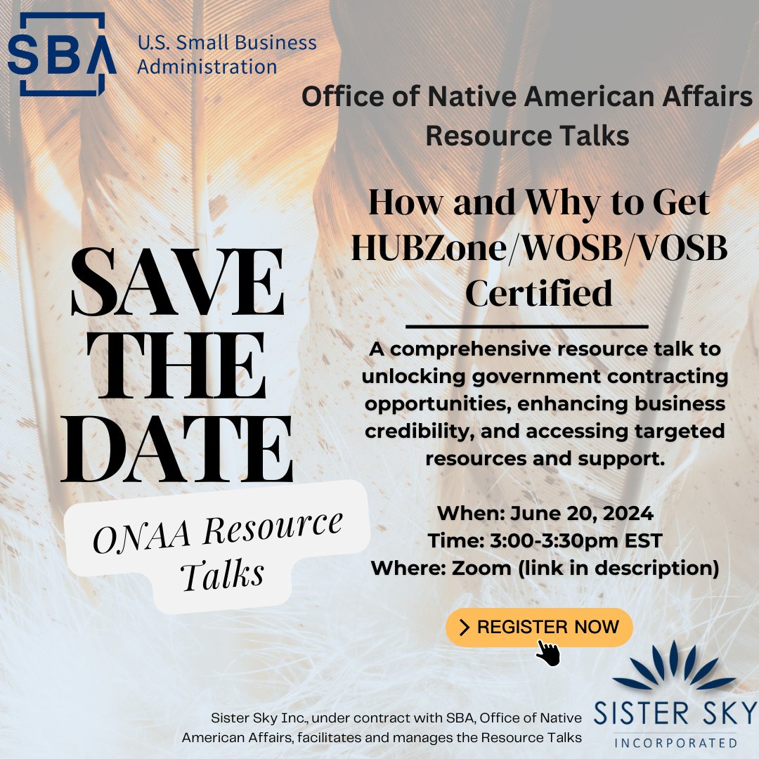 NativeSba's tweet photo. Ready to elevate your business? Join us for an insightful webinar on "How and Why to Get HUBZone/WOSB/VOSB Certified"! 
📅 Date: June 20, 2024
🕒 Time: 3:00-3:30pm EST
🔗 Register now: https://t.co/y03Rk1X30U.

#NativeSBA #BusinessGrowth #HUBZone #WOSB #VOSB #GovernmentContracts https://t.co/cdvcuzlTjx