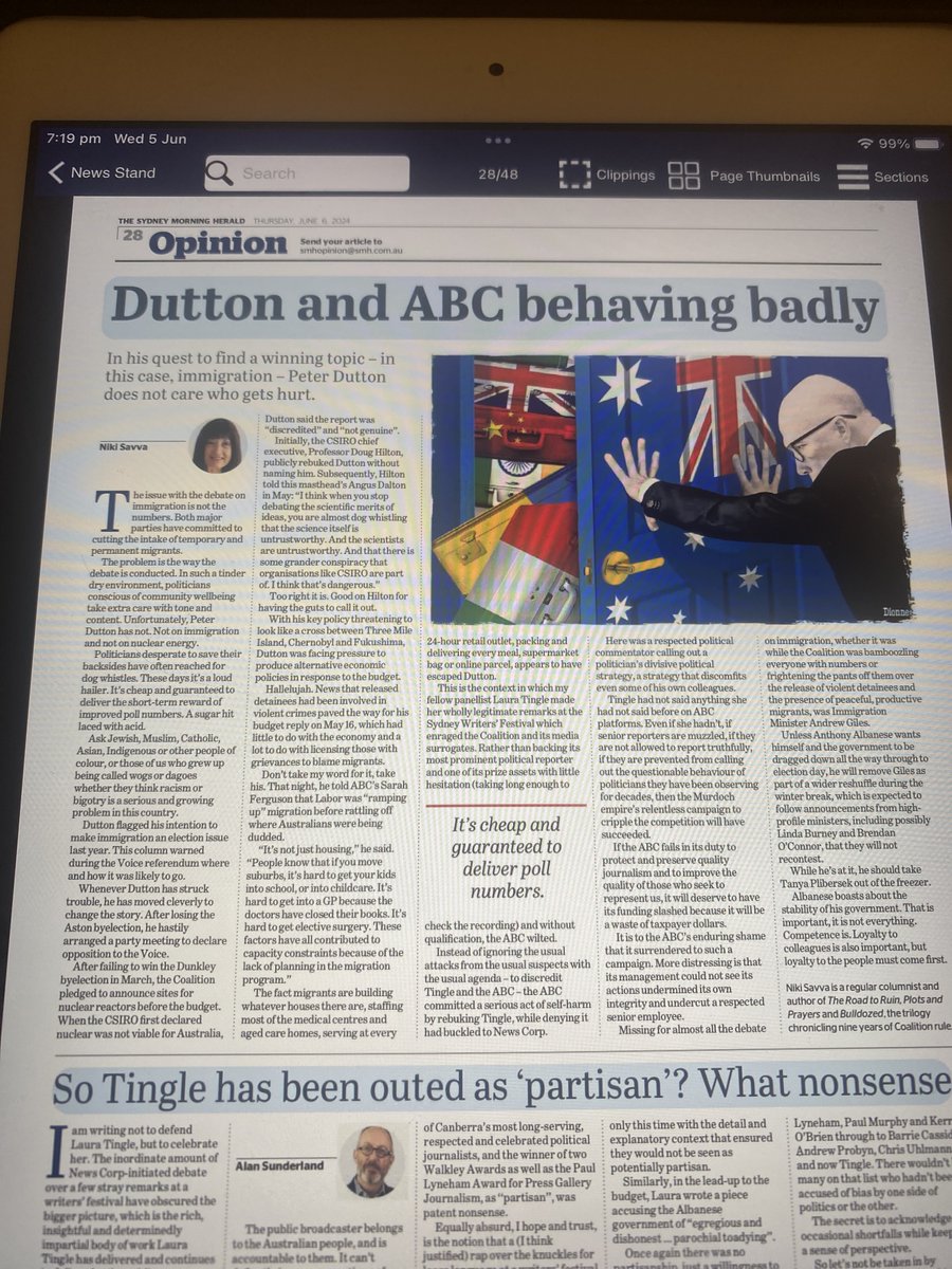 QuentinDempster's tweet photo. The ABC’s self harm re @latingle. Here Niki Savva exposes the cynical ploys of ⁦@PeterDutton_MP⁩. “-the ABC committed a serious act of self-harm by rebuking Tingle, while denying it had buckled to News Corp”. Precisely. https://t.co/VWYDCXyTNZ