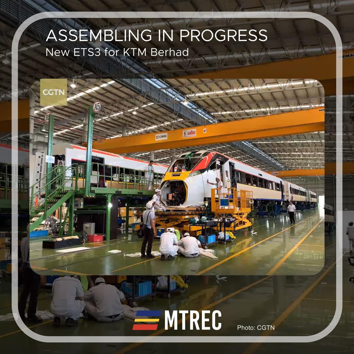mtrec_official's tweet photo. New Electric Train Assembling In Progress!

Following up from the previous design reveal, 1 out of the 10 sets of ETS3 are currently being assembled locally at CRRC Rolling Stock Center Malaysia Sdn. Bhd. in Batu Gajah. https://t.co/x5UX77BcxN