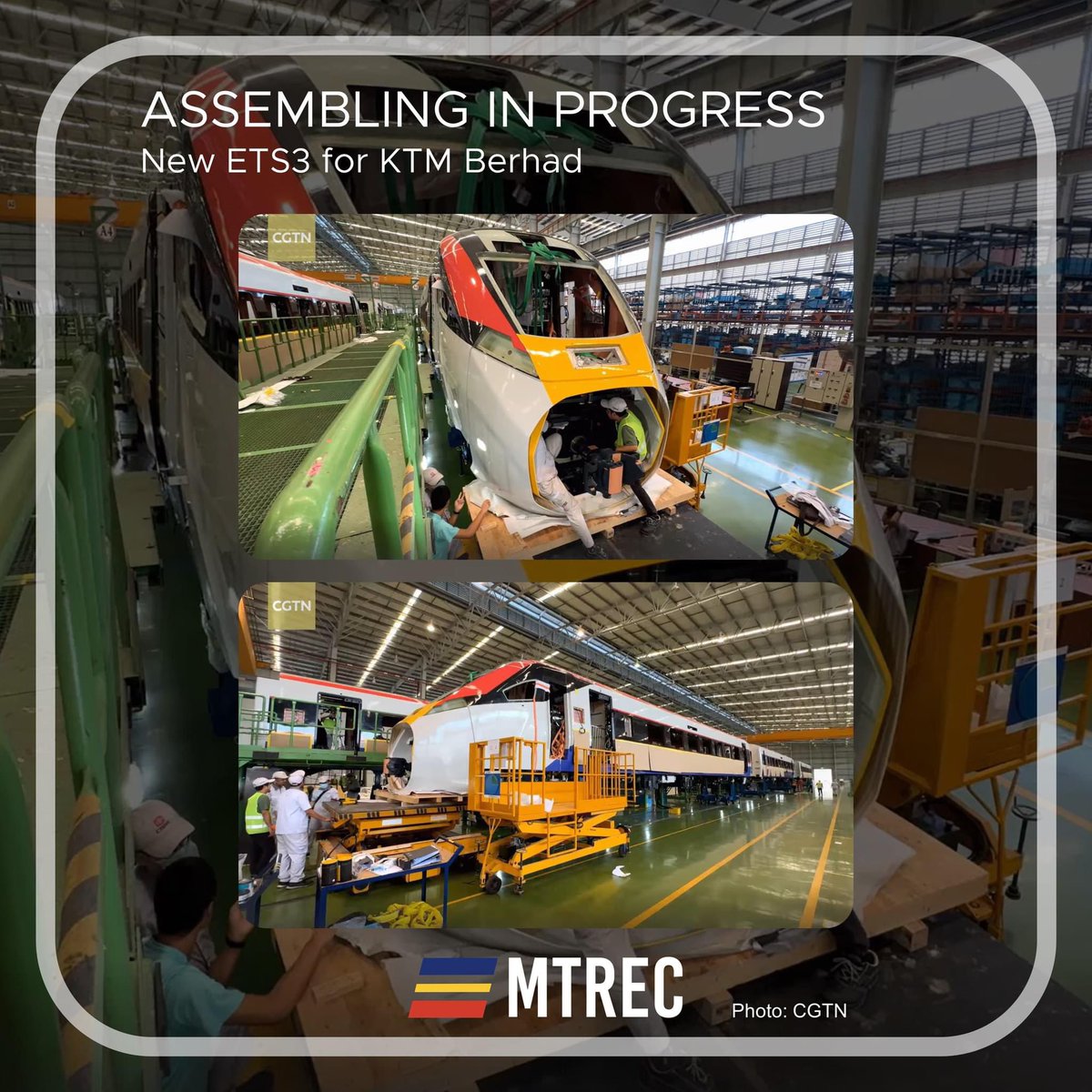 mtrec_official's tweet photo. A total of 8 trains will be assembled here while 2 trains will be shipped from CRRC Zhuzhou's HQ from Zhuzhou, China. The new ETS3 which is inspired by Permaisuri Zarith Sofiah Opera House features new distinctive looks which varies from the current ETS trains. https://t.co/03E26cmHHv