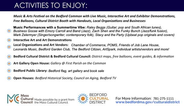 🎨🎶 The Bedford Cultural District is excited to announce the Music &amp; Arts Festival 2024! 🎶🎨  Sat June 15, from 10 - 3 p.m., everyone is invited!. 📅 Mark your calendars &amp;  help spread the word. #BedfordMusicAndArts