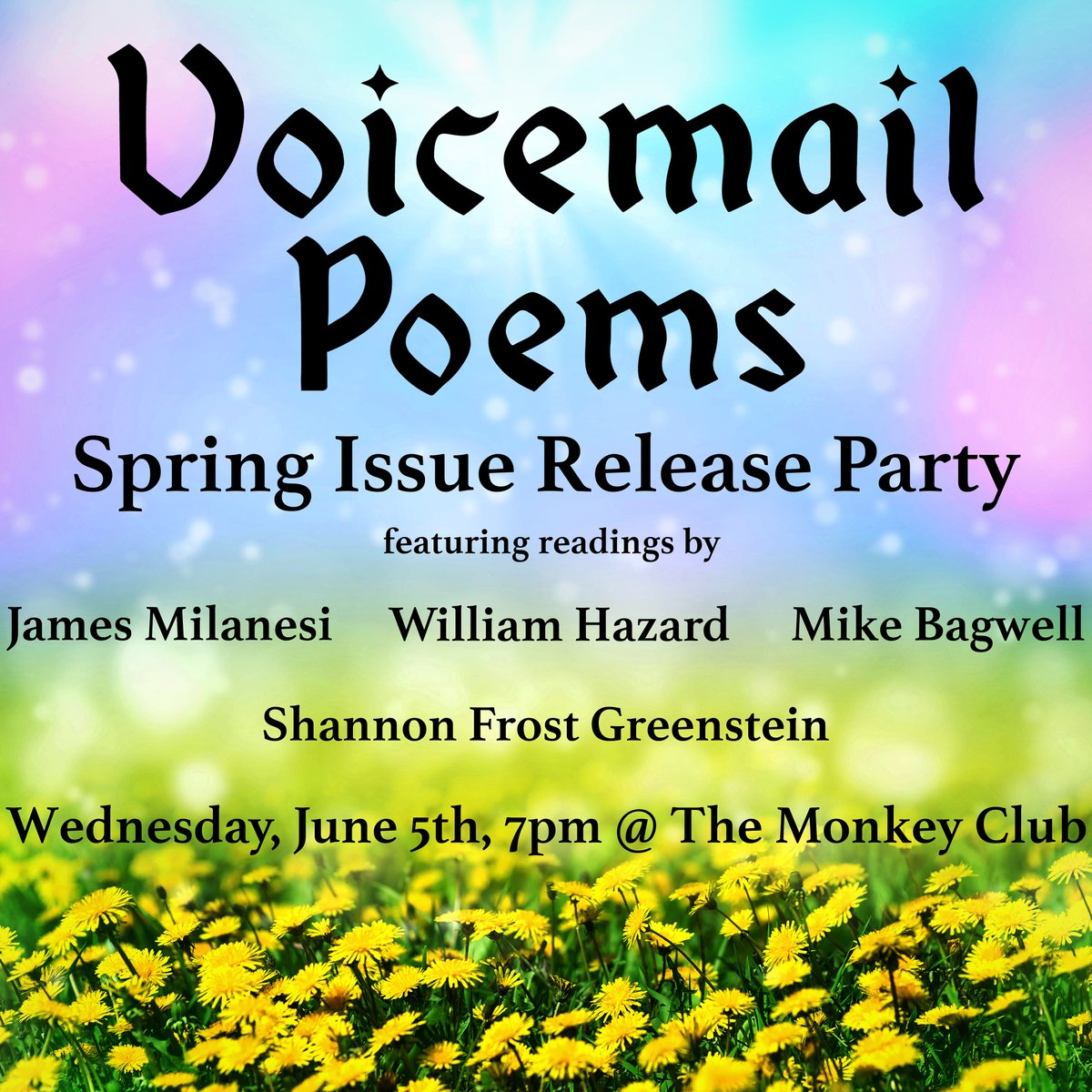 voicemail poems (@voicemailpoems) on Twitter photo PHILLY: we're throwing a release party for our spring issue, & we'd love to see you there 💜
come thru for good vibes + good poetry! featuring readings by @dogstarflipper, <a href="/williamthazard/">William Hazard</a>, <a href="/low_gh0st/">low_ghost</a> & <a href="/ShannonFrostGre/">Shannon Frost Greenstein (She/They)</a> 💫
tonight at 7pm @ The Monkey Club (2101 E York St) PHILLY: we're throwing a release party for our spring issue, & we'd love to see you there 💜
come thru for good vibes + good poetry! featuring readings by @dogstarflipper, <a href="/williamthazard/">William Hazard</a>, <a href="/low_gh0st/">low_ghost</a> & <a href="/ShannonFrostGre/">Shannon Frost Greenstein (She/They)</a> 💫
tonight at 7pm @ The Monkey Club (2101 E York St)