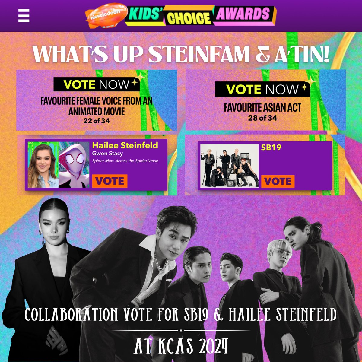 About_Hailee's tweet photo. Head’s up Steinfans &amp; A’tin! 🙏

Let’s wave the Filipino Banner High by Voting our Pride, Hailee &amp; SB19! TY🫶💕🇵🇭👏
 🔗https://t.co/RSjnGNbogl

HAILEE STEINFELD &amp; SB19 ON KCA 2024
@SB19Official #sb19
@HaileeSteinfeld #HaileeSteinfeld

📷 Thanks for the amazing photo @jahtin_19 👏 https://t.co/UPWMVARAsk