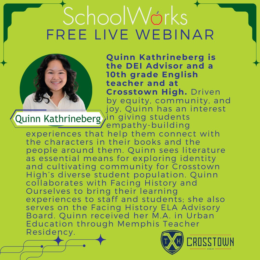 SchoolWorksLLC's tweet photo. ⭐Ginger and Quinn bring a passionate, innovative lens to driving advancements in Equity at @CrosstownHigh. Hear about their work next Tuesday by registering today - we will see you there! #Webinar  #equityineducation https://t.co/ypoSaZbGux