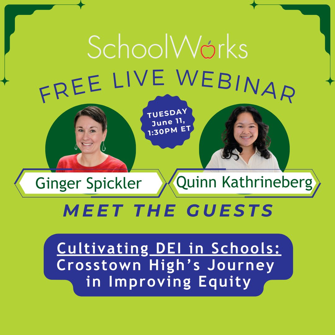 SchoolWorksLLC's tweet photo. ⭐Ginger and Quinn bring a passionate, innovative lens to driving advancements in Equity at @CrosstownHigh. Hear about their work next Tuesday by registering today - we will see you there! #Webinar  #equityineducation https://t.co/ypoSaZbGux