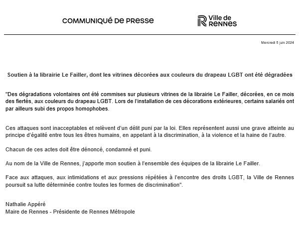 Nathalie Appéré (@nathalieappere) on Twitter photo Soutien à l'équipe de la librairie <a href="/lefailler/">Librairie Le Failler</a>, qui a subi des dégradations matérielles et propos homophobes.
Non à la haine et la violence.
Face aux attaques répétées à l’encontre des droits LGBT, à #Rennes nous continuerons de lutter contre toutes les formes de discrimination. Soutien à l'équipe de la librairie <a href="/lefailler/">Librairie Le Failler</a>, qui a subi des dégradations matérielles et propos homophobes.
Non à la haine et la violence.
Face aux attaques répétées à l’encontre des droits LGBT, à #Rennes nous continuerons de lutter contre toutes les formes de discrimination.