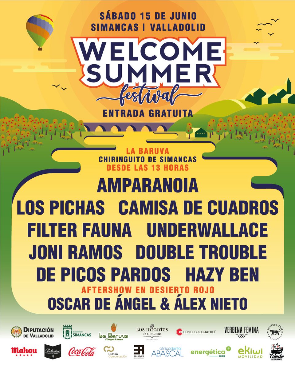 🌻WELCOME SUMMER festival
🗓️ Sábado 15 de junio.
👉@labaruva Simancas (VA)
✨Entrada gratuita.
_
Este año volvemos, con las actuaciones de: @amparanoiaoficial @lospichas 
CAMISA DE CUADROS
<a href="/filterfauna/">Filter Fauna</a> <a href="/underwallace/">UnderWallace</a> <a href="/joniramosmusic/">Joni Ramos</a> 
DOUBLE TROUBLE
DE PICOS PARDOS
<a href="/DavidHdezBen/">haℤy ben</a>