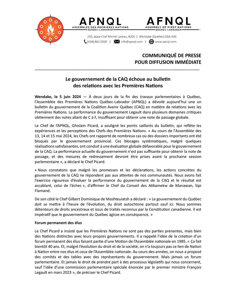 SEIZE03_fil's tweet photo. Communiqué - Le gouvernement de la CAQ échoue au bulletin des relations avec les Premières Nations

#polqc #premièresnations #APNQL #échec #relations #CAQ #bulletin https://t.co/GZCM8PI1zG