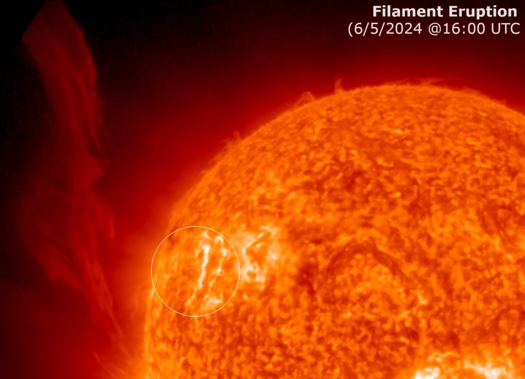 SolarHam's tweet photo. A filament located in the northeast quadrant erupted beginning at 16:00  UTC (Jun 5). This will likely fling a stream of plasma into space,  however the trajectory should be mostly off the Sun-Earth line. More details to follow if necessary. https://t.co/aqK4Q6XLqw https://t.co/CkDhoFXm1S