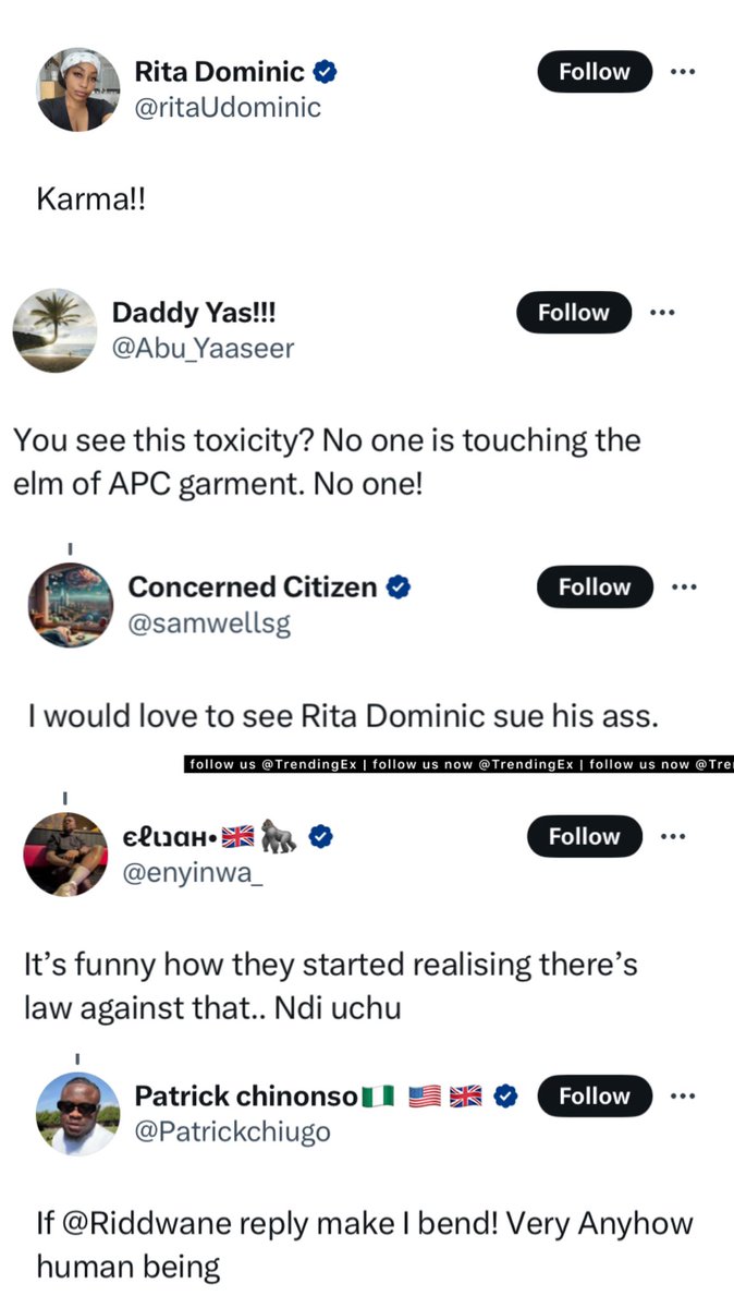 TrendingEx's tweet photo. Rita Dominic is trending because APC's SSA to Babajide Sanwo Olu, Ridwanne was gloating about how he and a progressive colleague dealt with an Obidient who defamed them.

So, tweeps dug out old tweets where he Ridwanne also defamed veteran actor Rita Dominic by calling her an Ashawo/ Prost*itute for choosing to support Goodluck Johnathan in 2015.

Ridwanne gave a shaky response claiming the tweet was fake.