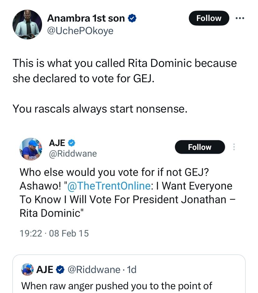 TrendingEx's tweet photo. Rita Dominic is trending because APC's SSA to Babajide Sanwo Olu, Ridwanne was gloating about how he and a progressive colleague dealt with an Obidient who defamed them.

So, tweeps dug out old tweets where he Ridwanne also defamed veteran actor Rita Dominic by calling her an Ashawo/ Prost*itute for choosing to support Goodluck Johnathan in 2015.

Ridwanne gave a shaky response claiming the tweet was fake.